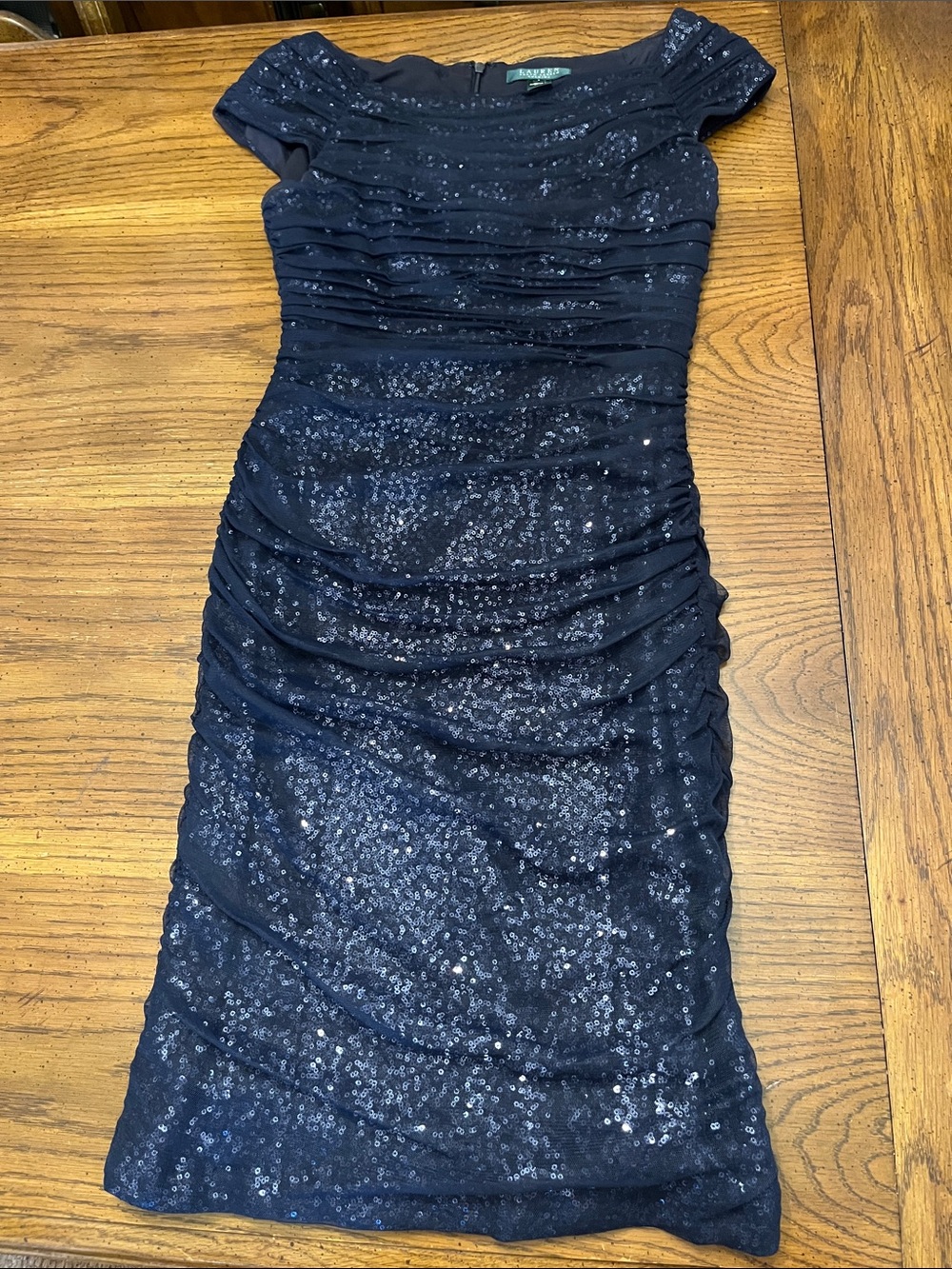 Lauren Ralph‎ Lauren Navy Sequin Ruched Midi Dress, size 8